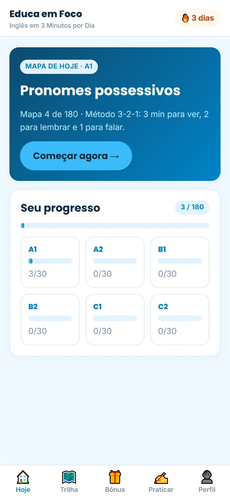 Tela inicial do aplicativo com o mapa do dia e o progresso