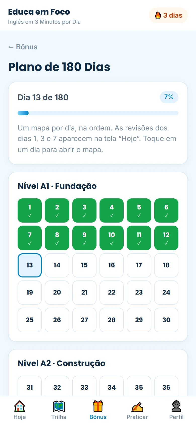 Tela do Plano de 180 dias no aplicativo
