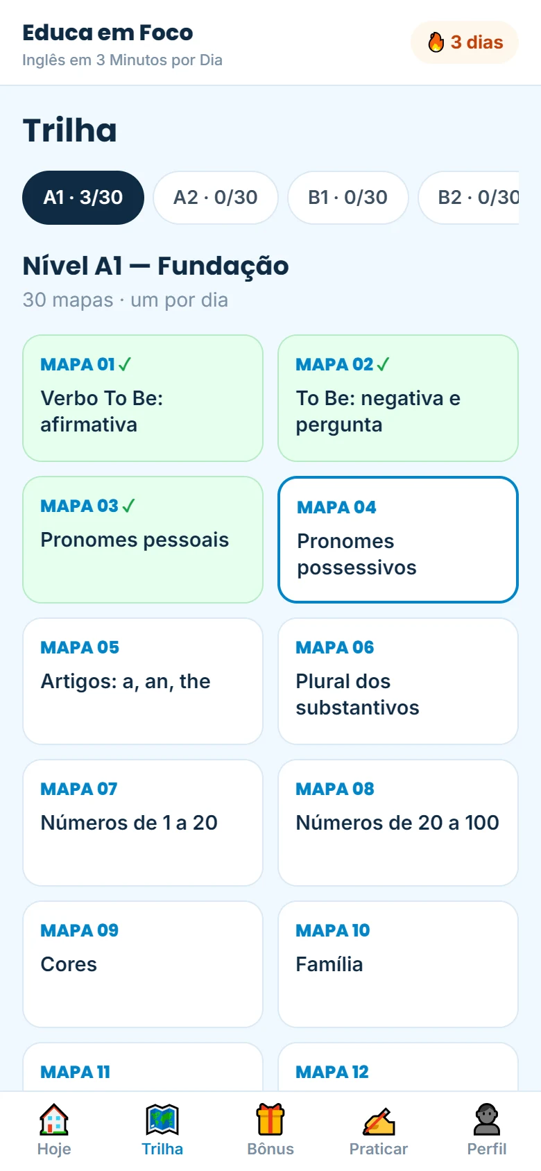 Tela da trilha com os mapas do nível A1