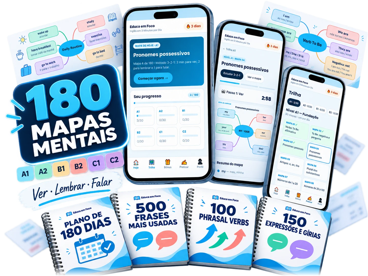 Inglês em 3 Minutos por Dia: aplicativo com 180 mapas mentais, do A1 ao C2, e 4 bônus
